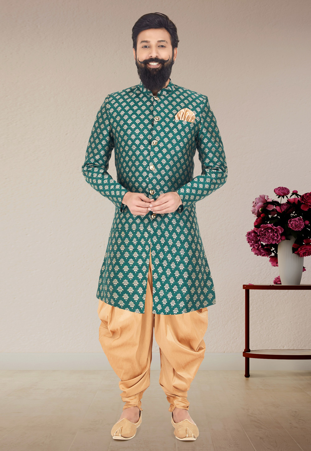 Green Jacquard Silk Indo Western Suit 271575