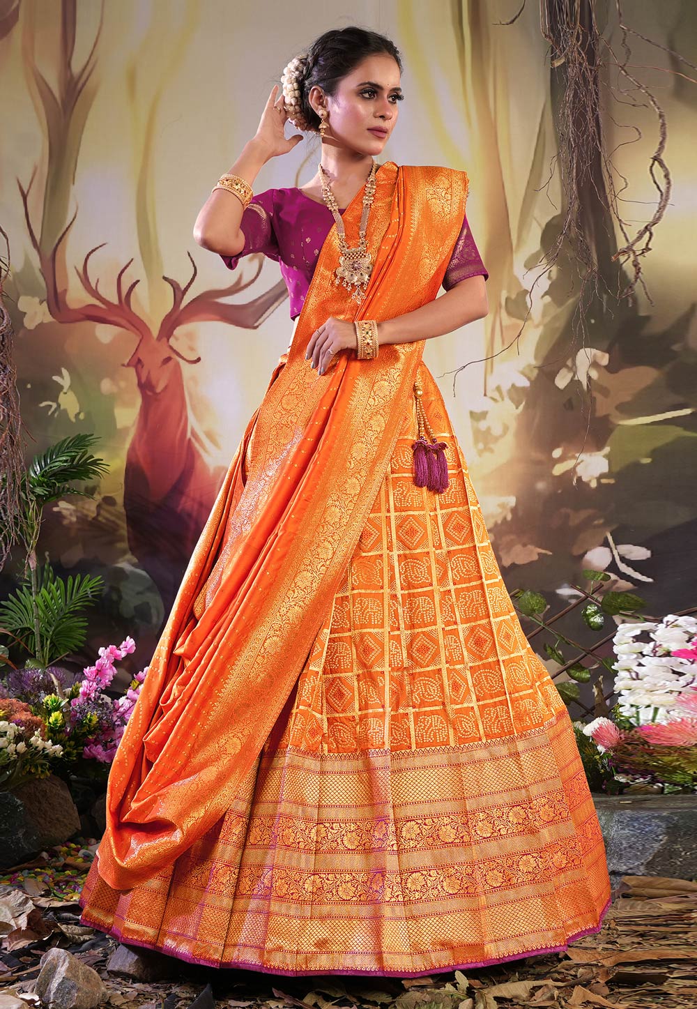 Orange Banarasi Silk Lehenga Choli 275443
