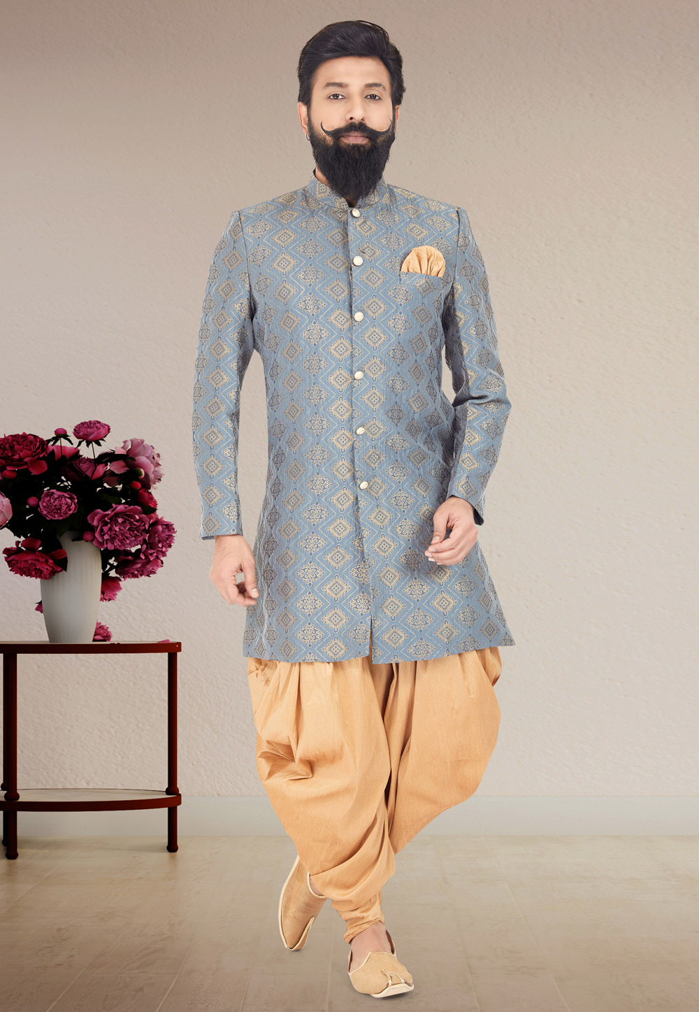 Grey Jacquard Silk Indo Western Suit 271576