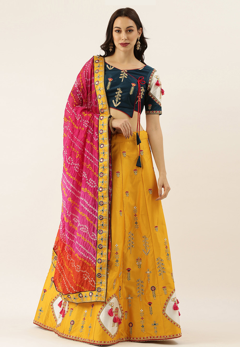 Yellow Satin Silk Embroidered A Line Lehenga Choli 221807