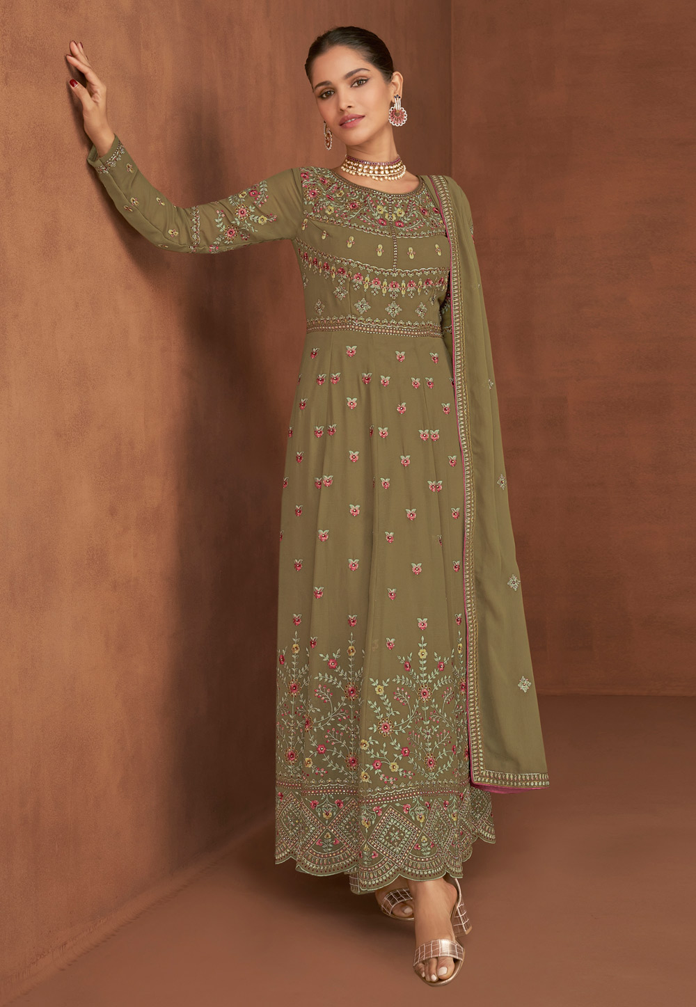 Brown Georgette Readymade Kameez With Palazzo 244396