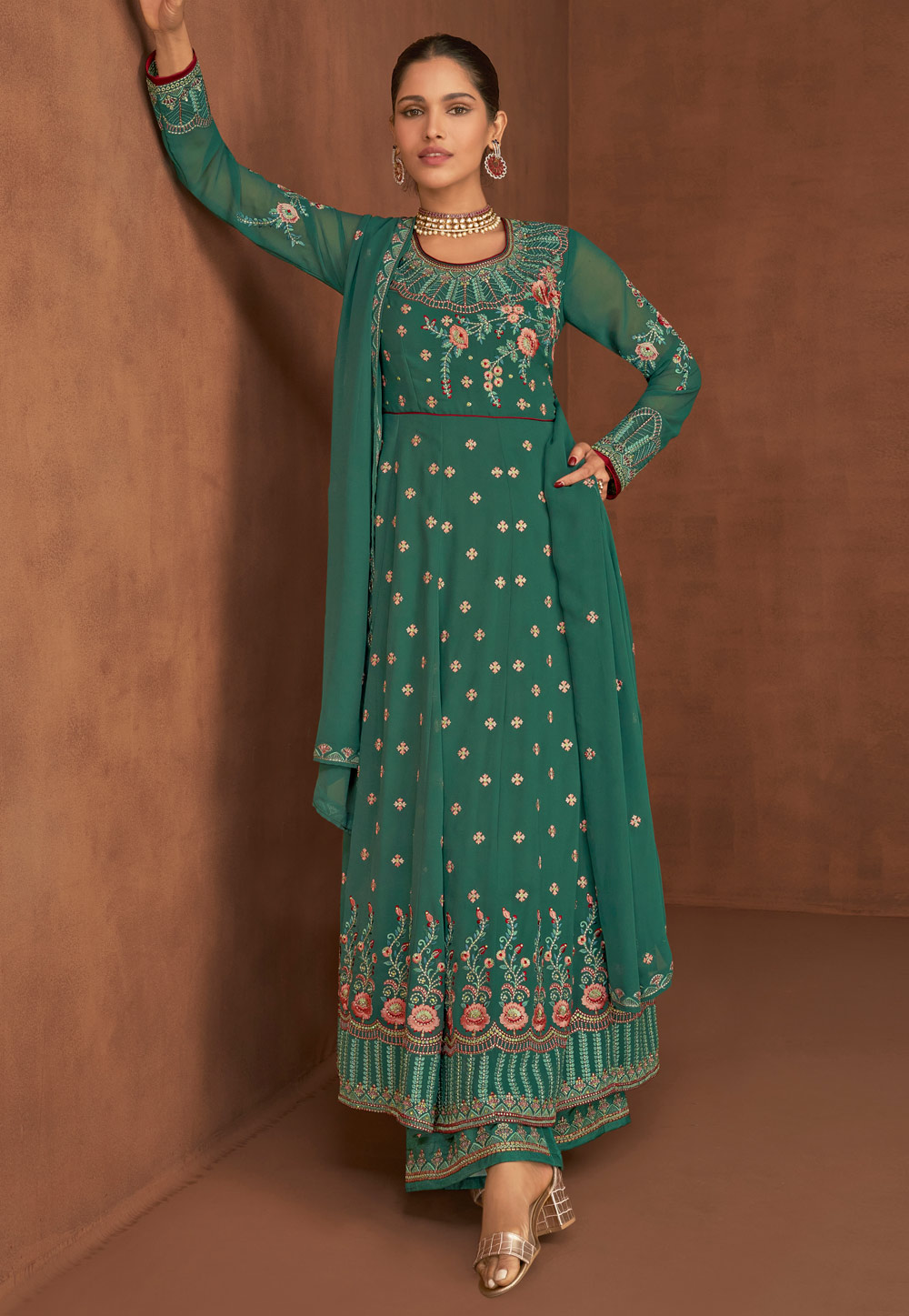 Sea Green Georgette Readymade Palazzo Suit 244397