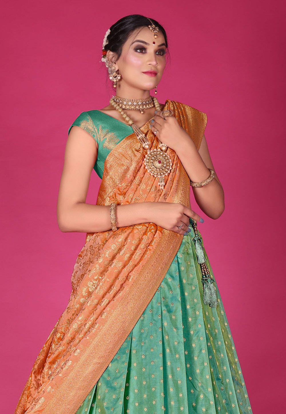 Designer Lehenga Choli Embroidered Banarasi Silk in Green -