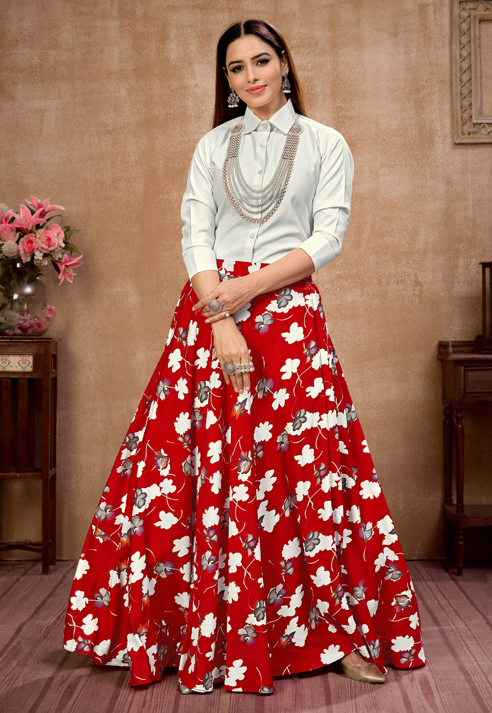 Red Silk Readymade Printed Crop Top Lehenga 221282