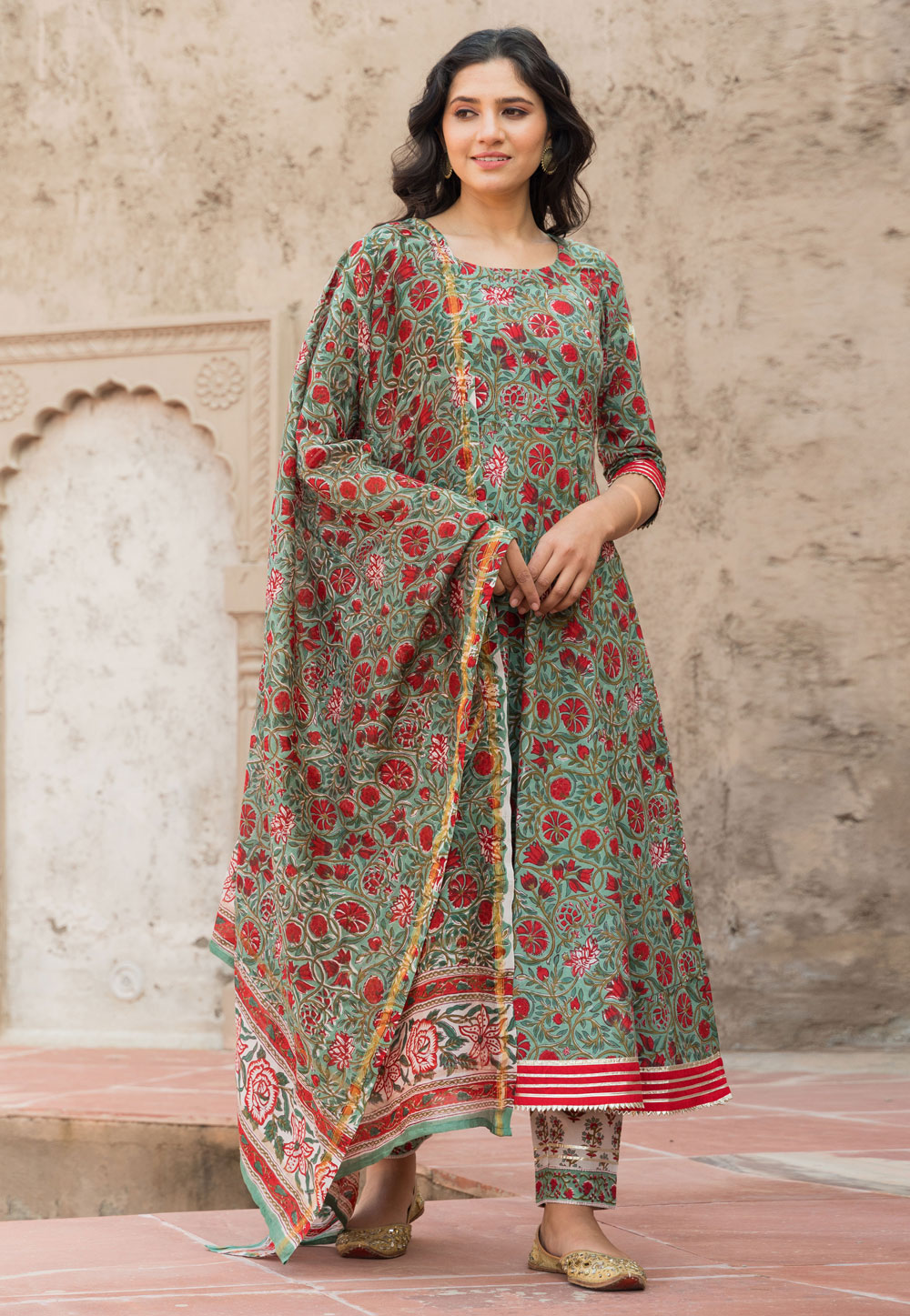 Green Cotton Readymade Kameez With Pant 218747
