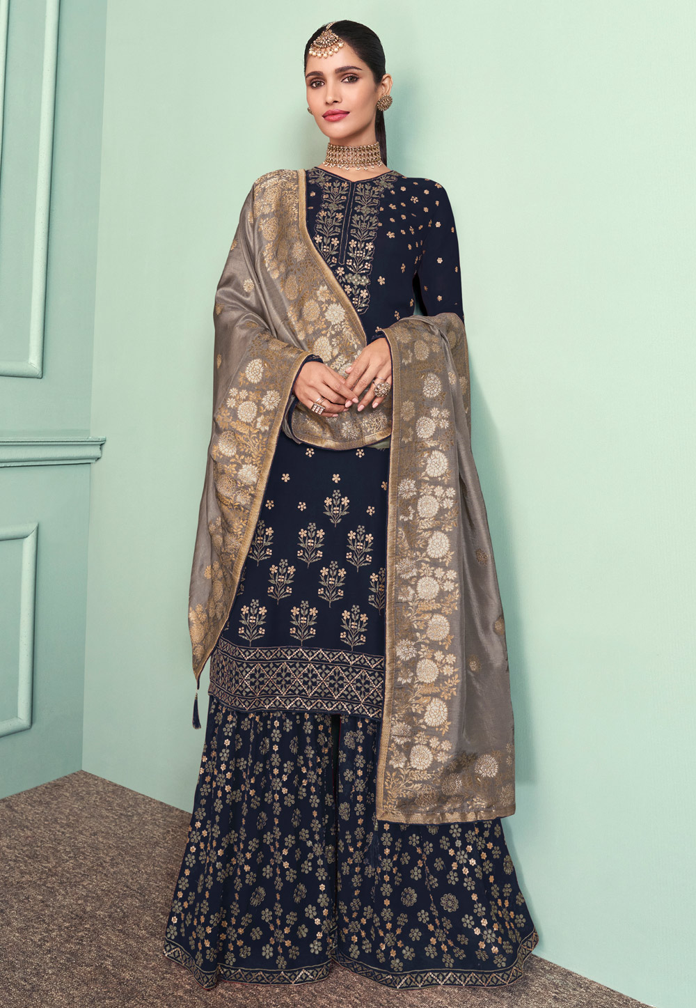 Navy Blue Georgette  Sharara Suit 244454
