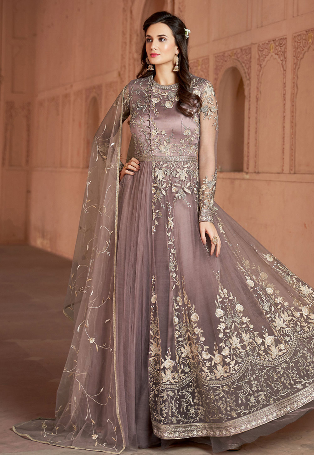 Shaded Purple Net Flared Long Anarkali Suit 160232