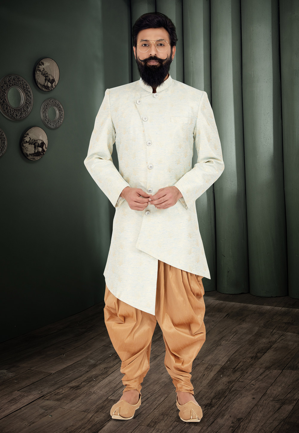 Cream Jacquard Silk Indo Western Suit 271579