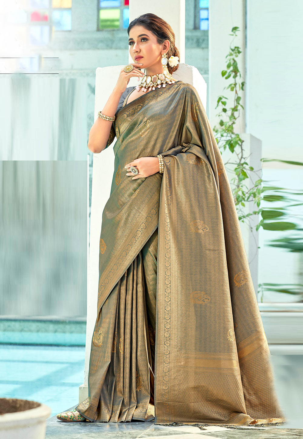 Grey Kanjivaram Silk Saree With Blouse 257493
