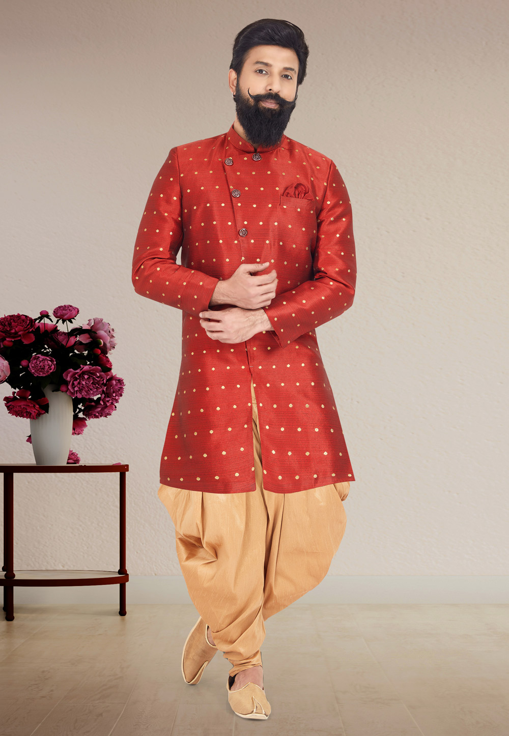 Red Banarasi Indo Western Suit 271580