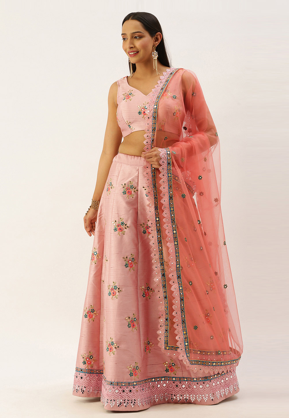 Pink Art Silk Mirror Work A Line Lehenga Choli 221872