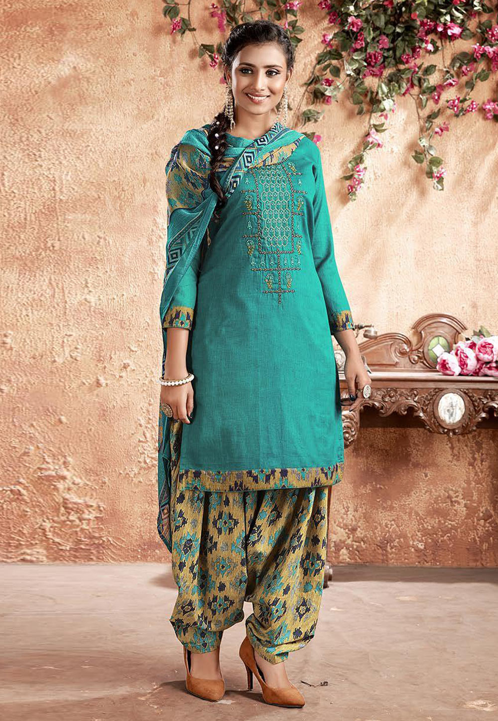 Turquoise Cotton Patiala Suit 222055