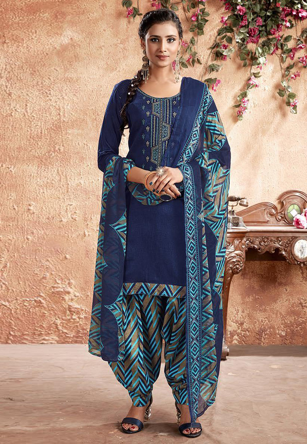 Navy Blue Cotton Punjabi Suit 222060