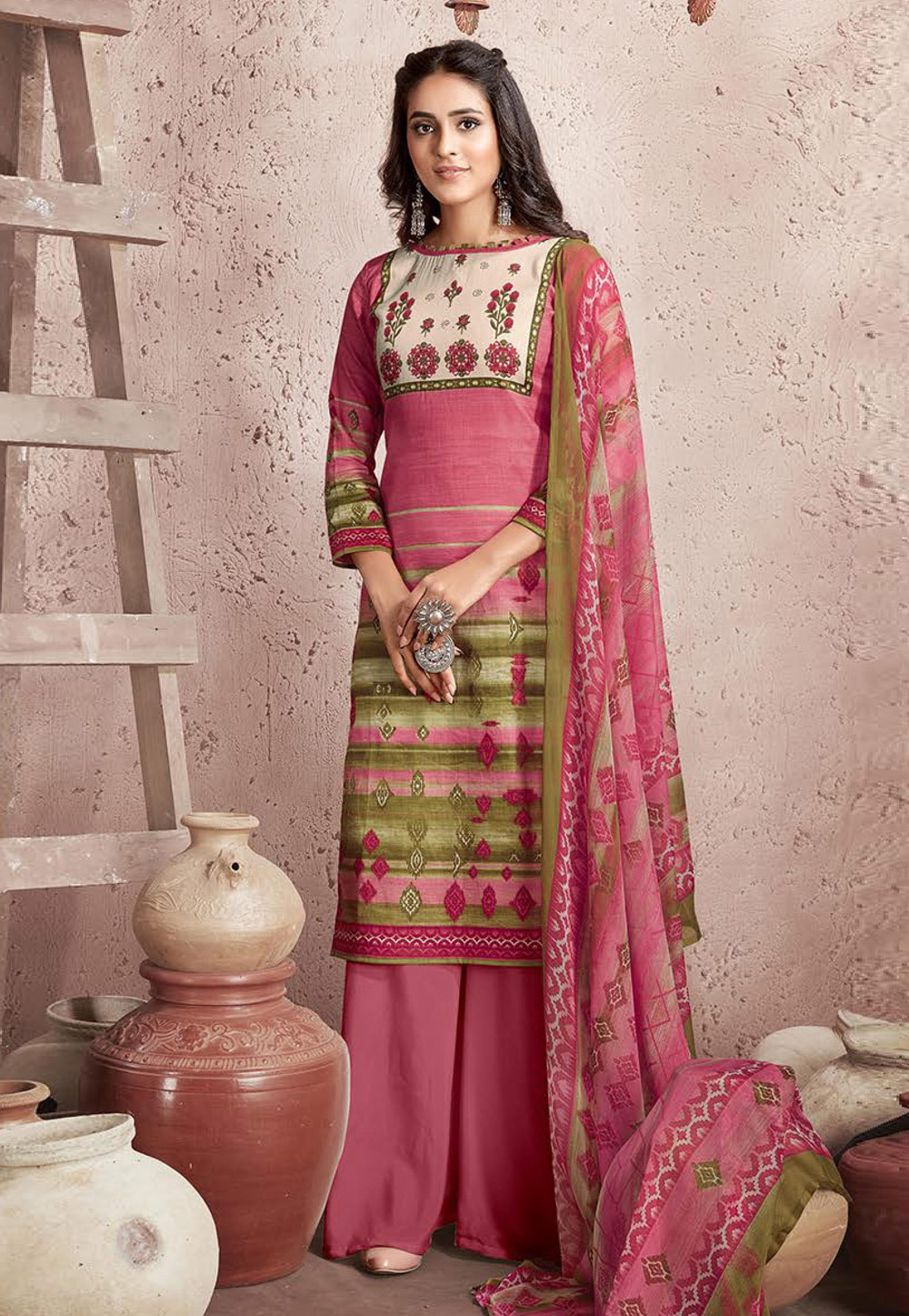Pink Cotton Printed Kameez With Palazzo 222188