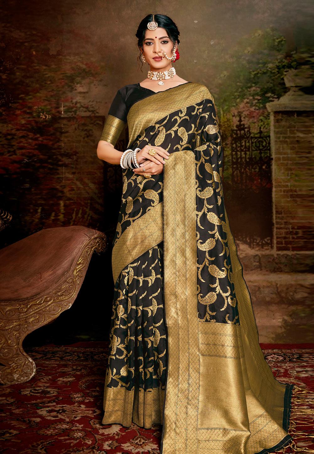 Black Color Pure Soft Silk Saree With Copper Zari & Blouse