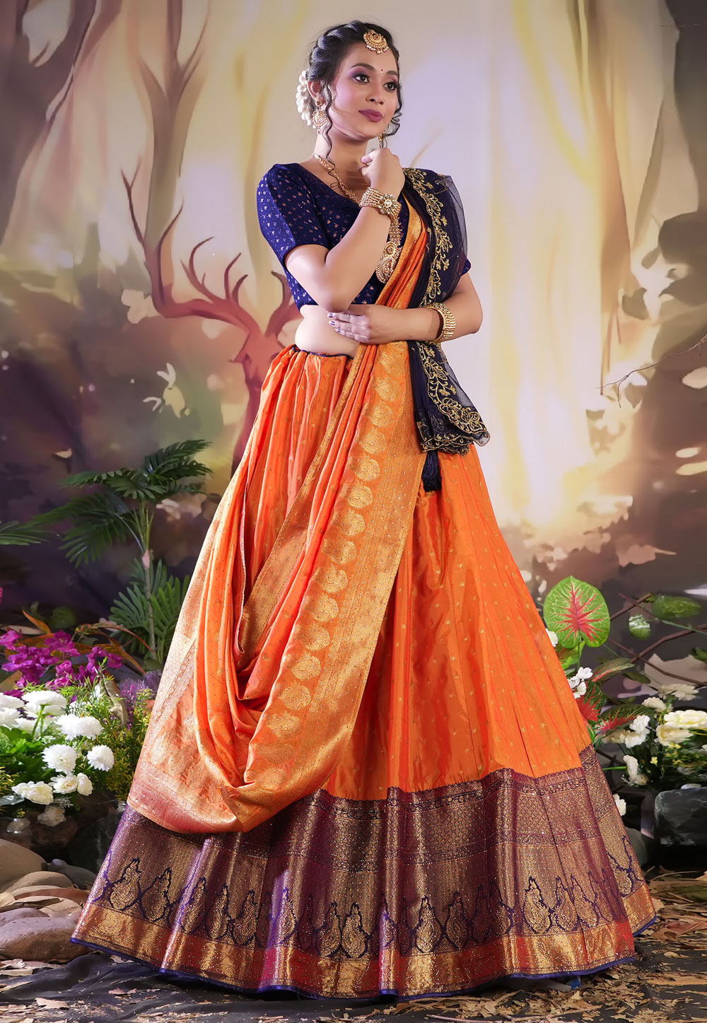 Orange Banarasi Silk Circular Lehenga Choli 275486