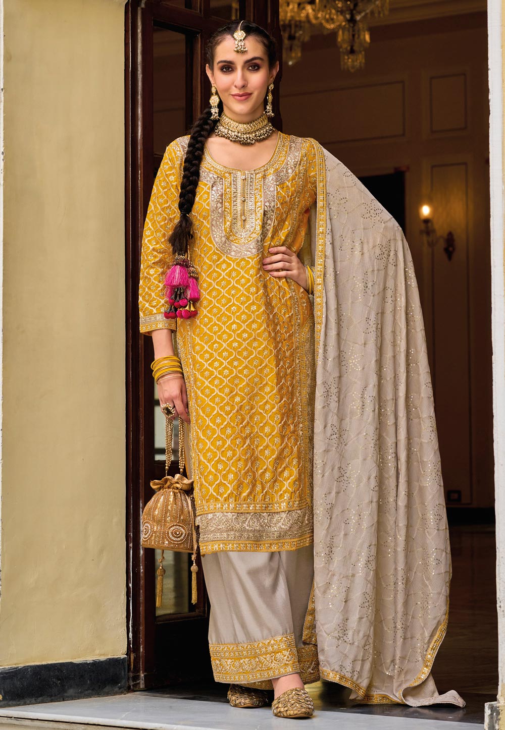 Mustard Chinon Pakistani Palazzo Suit 272962