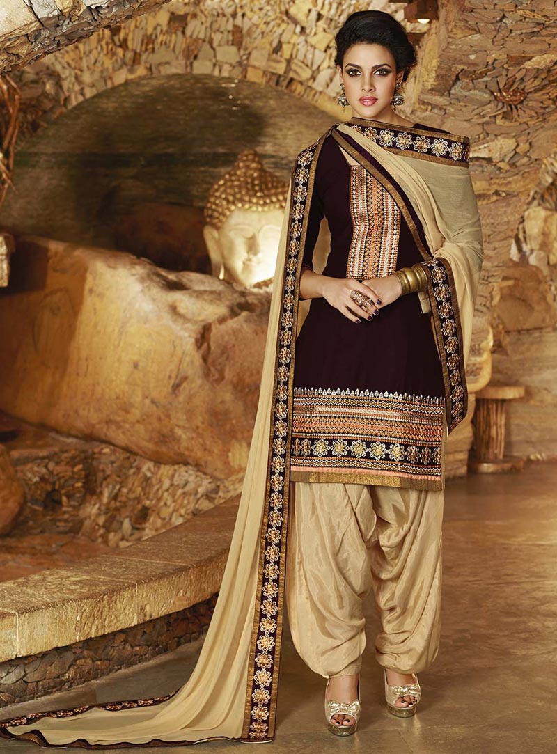 Brown Cotton Embroidery Punjabi Suit 86346