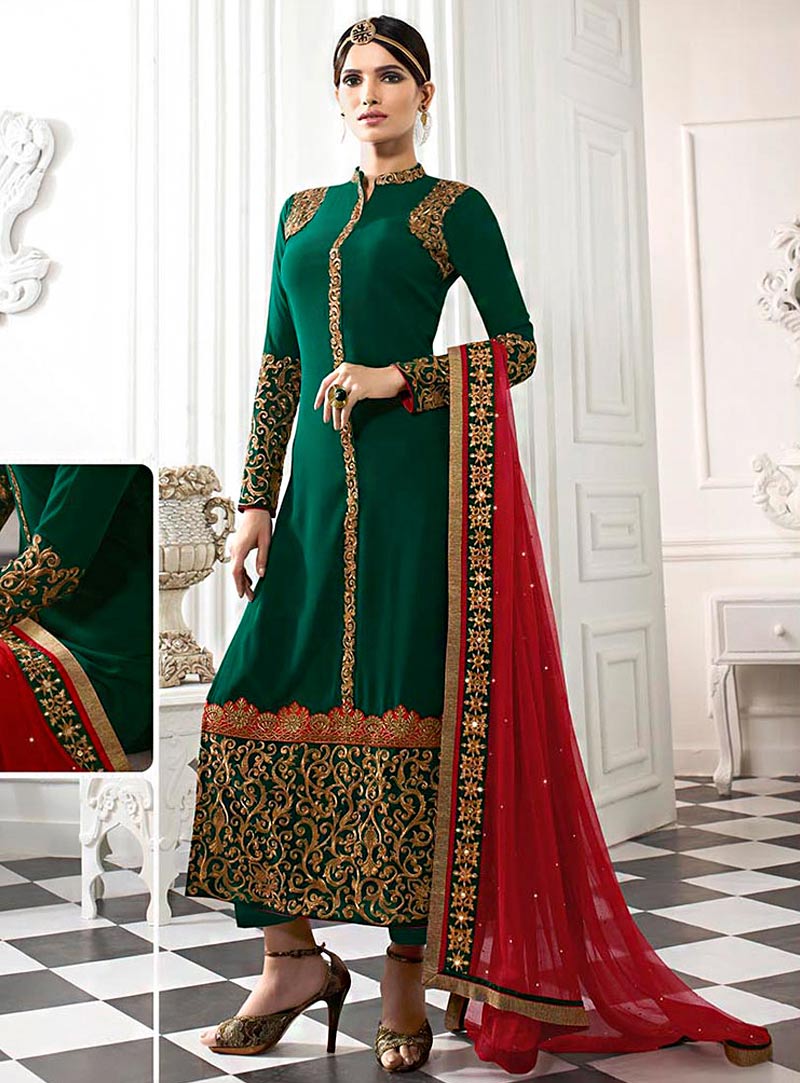 Green Georgette Pakistani Style Suit 70804