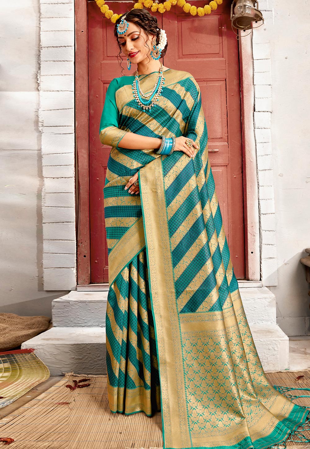 Turquoise Banarasi Silk Saree 245631