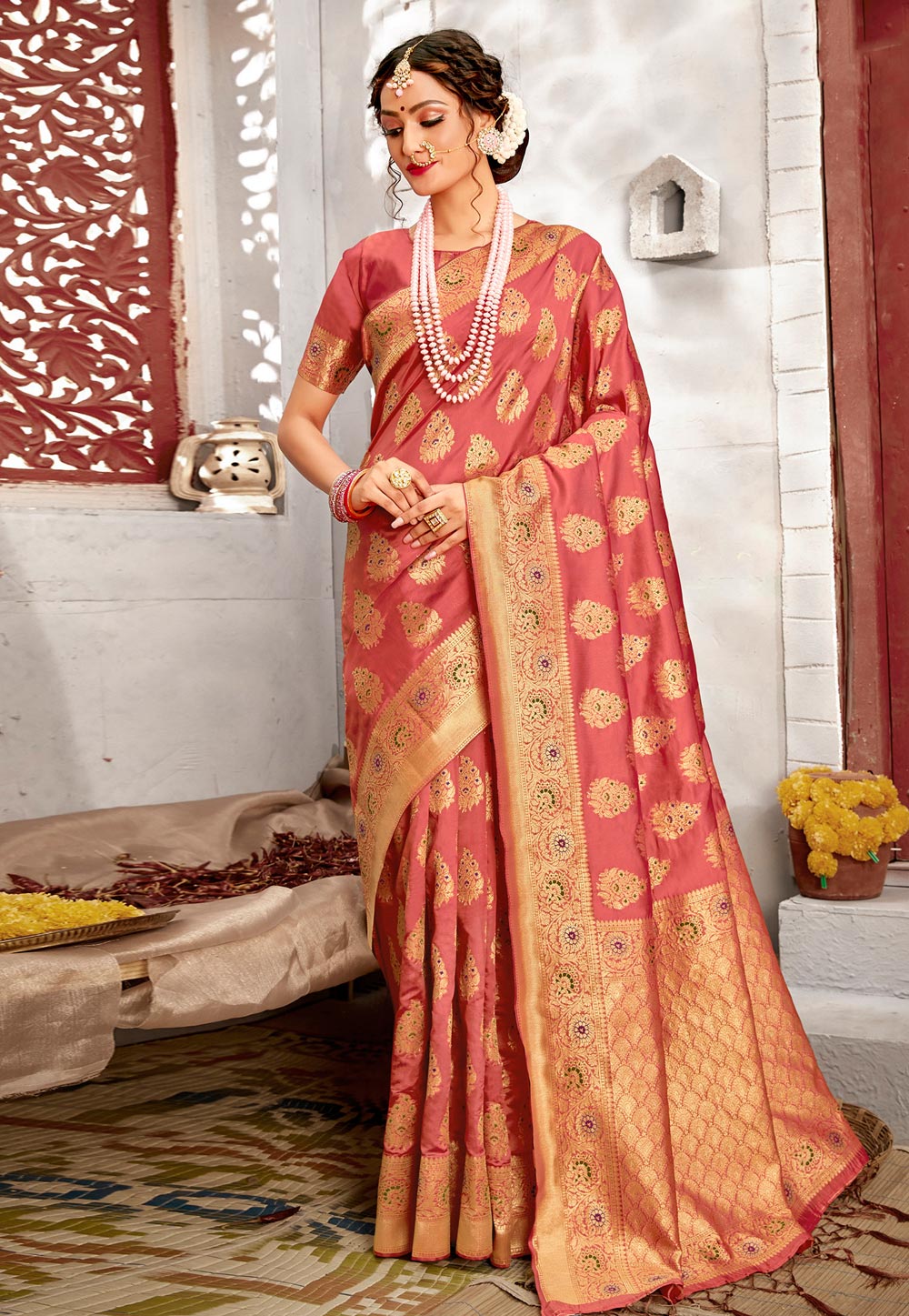 Pink Banarasi Silk Saree With Blouse 245646