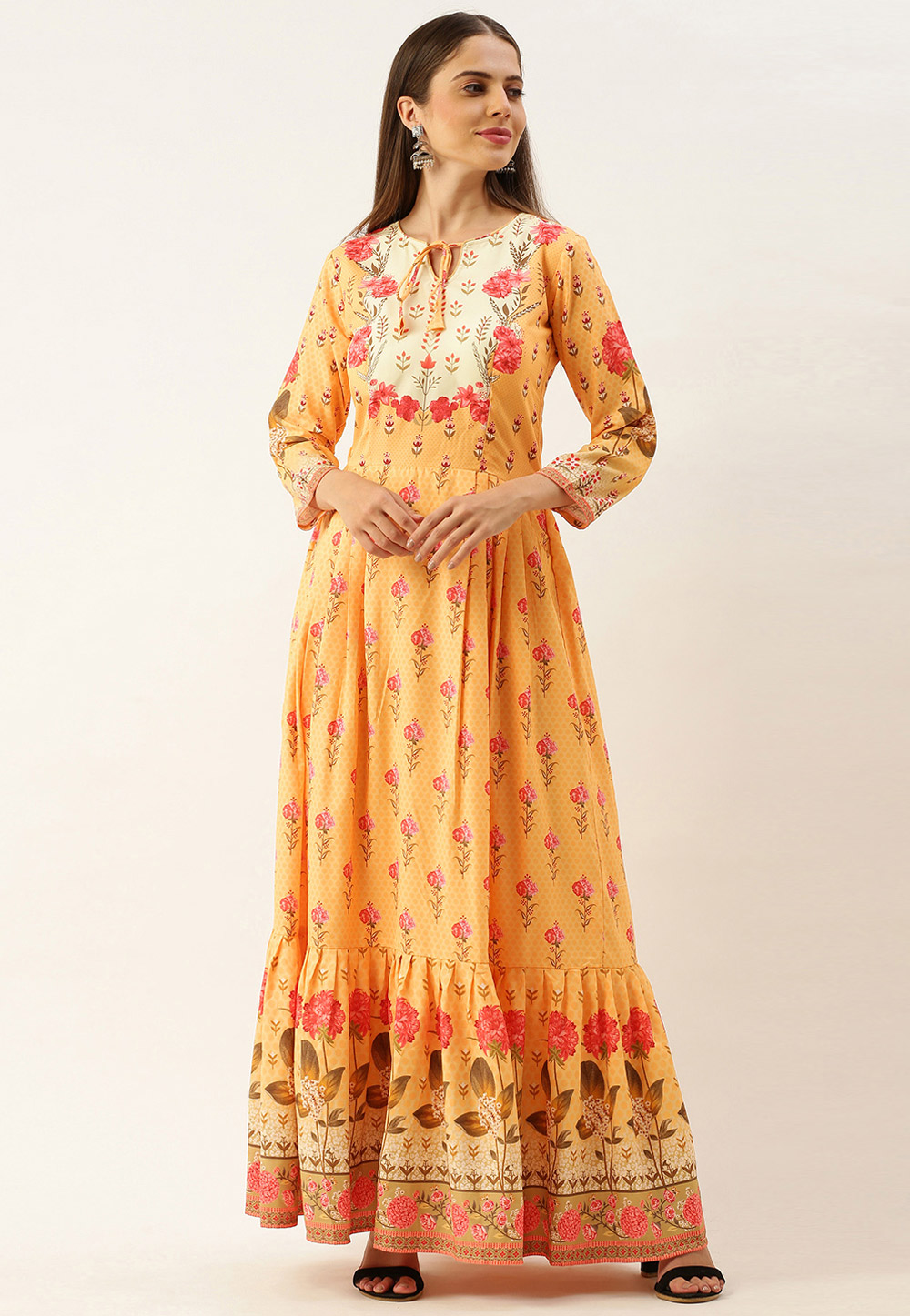 Yellow Muslin Printed Gown 222885