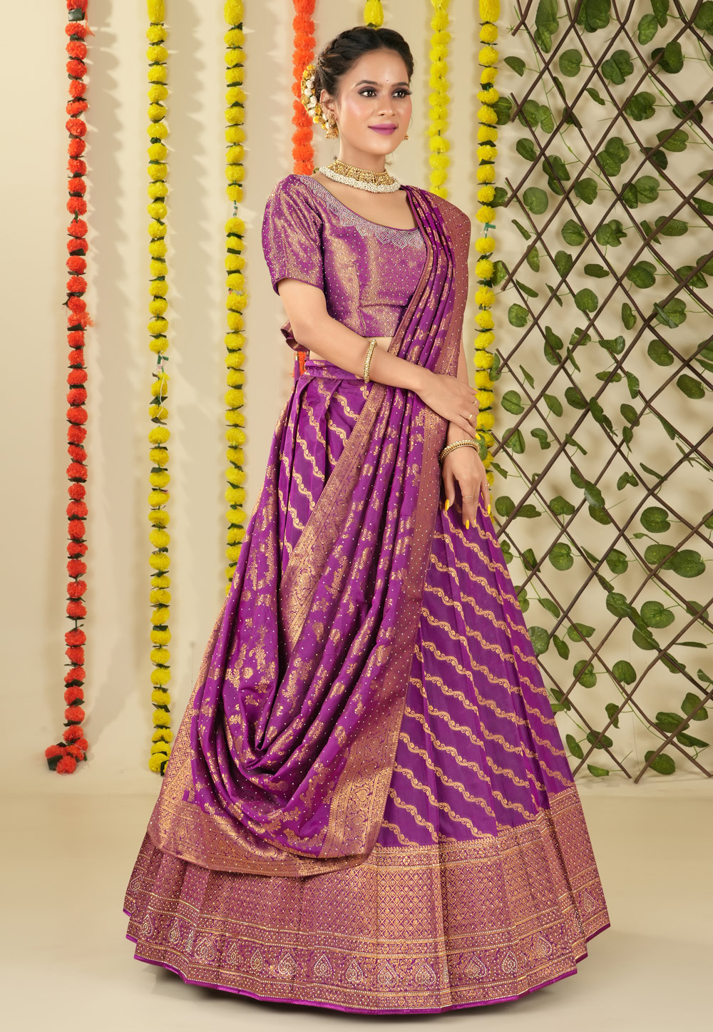 Attractive Purple Color Lehenga Choli With Yellow Dupatta – Amrutamfab