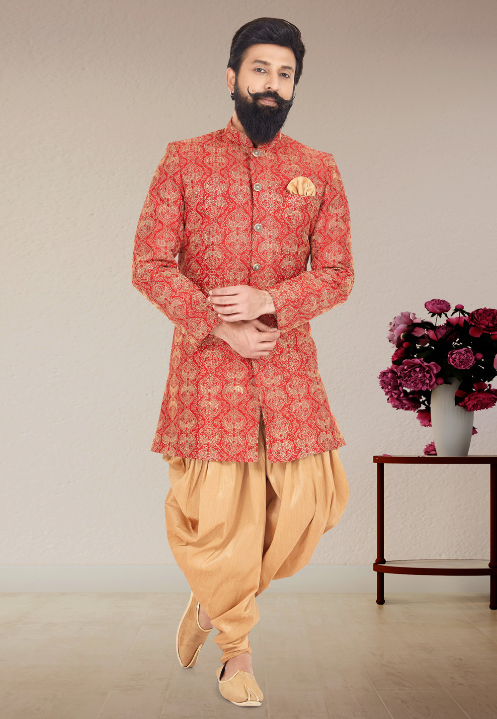 Red Dupion Silk Indo Western Suit 271588