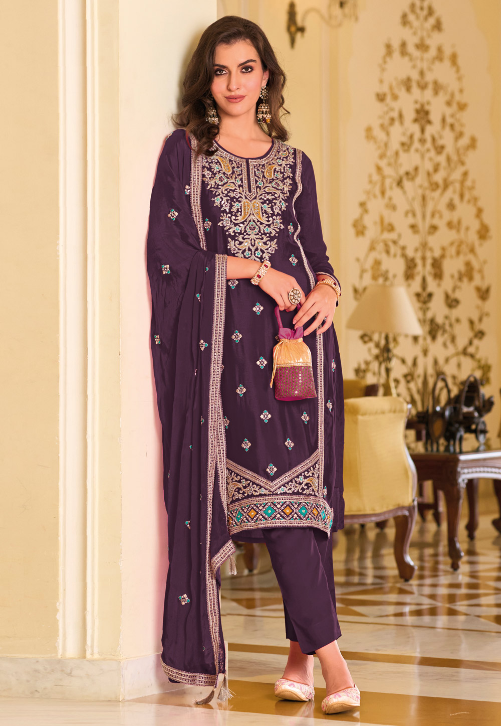 Wine Silk Straight Suit 274545