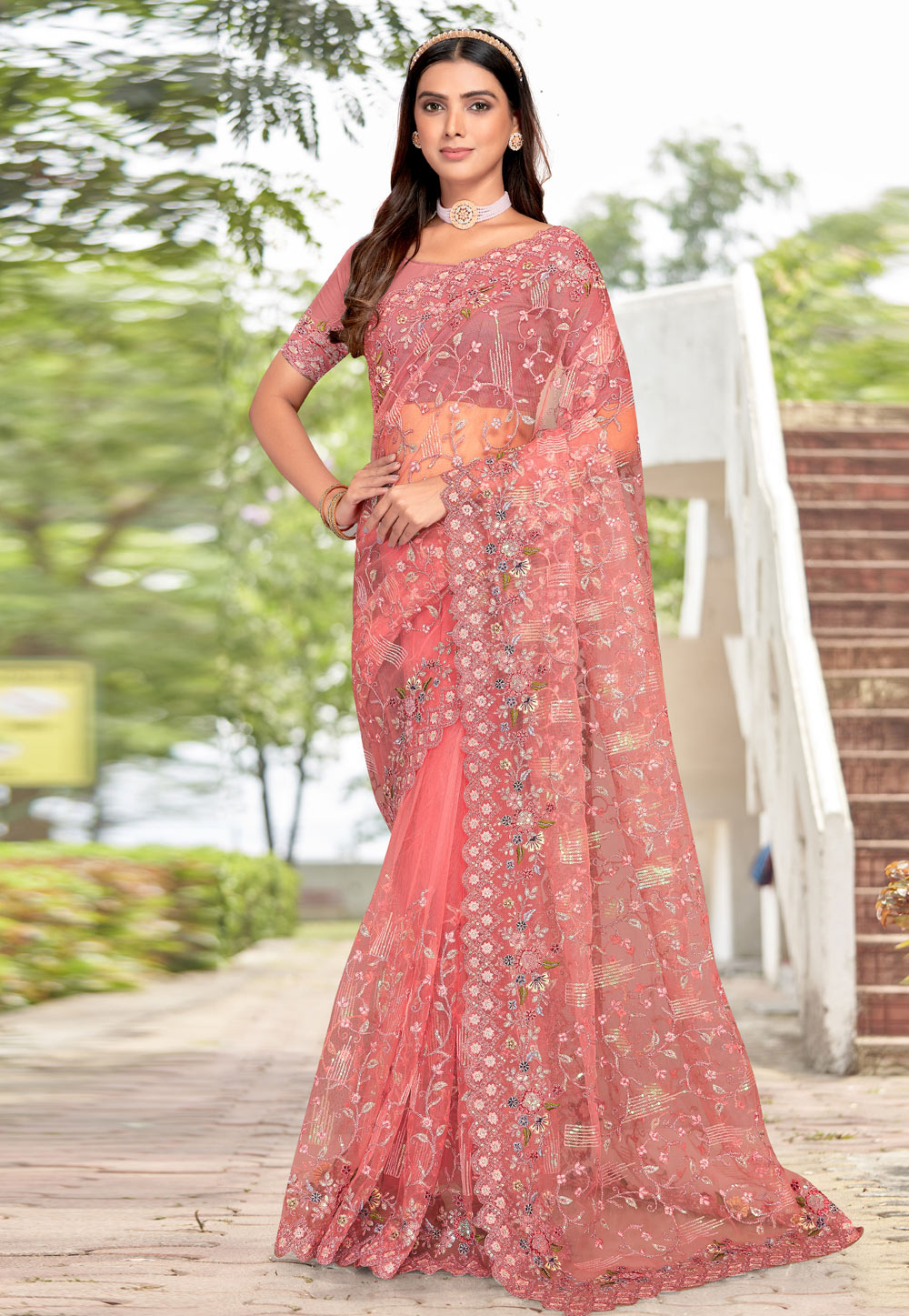 Pink Net Saree With Blouse 255184