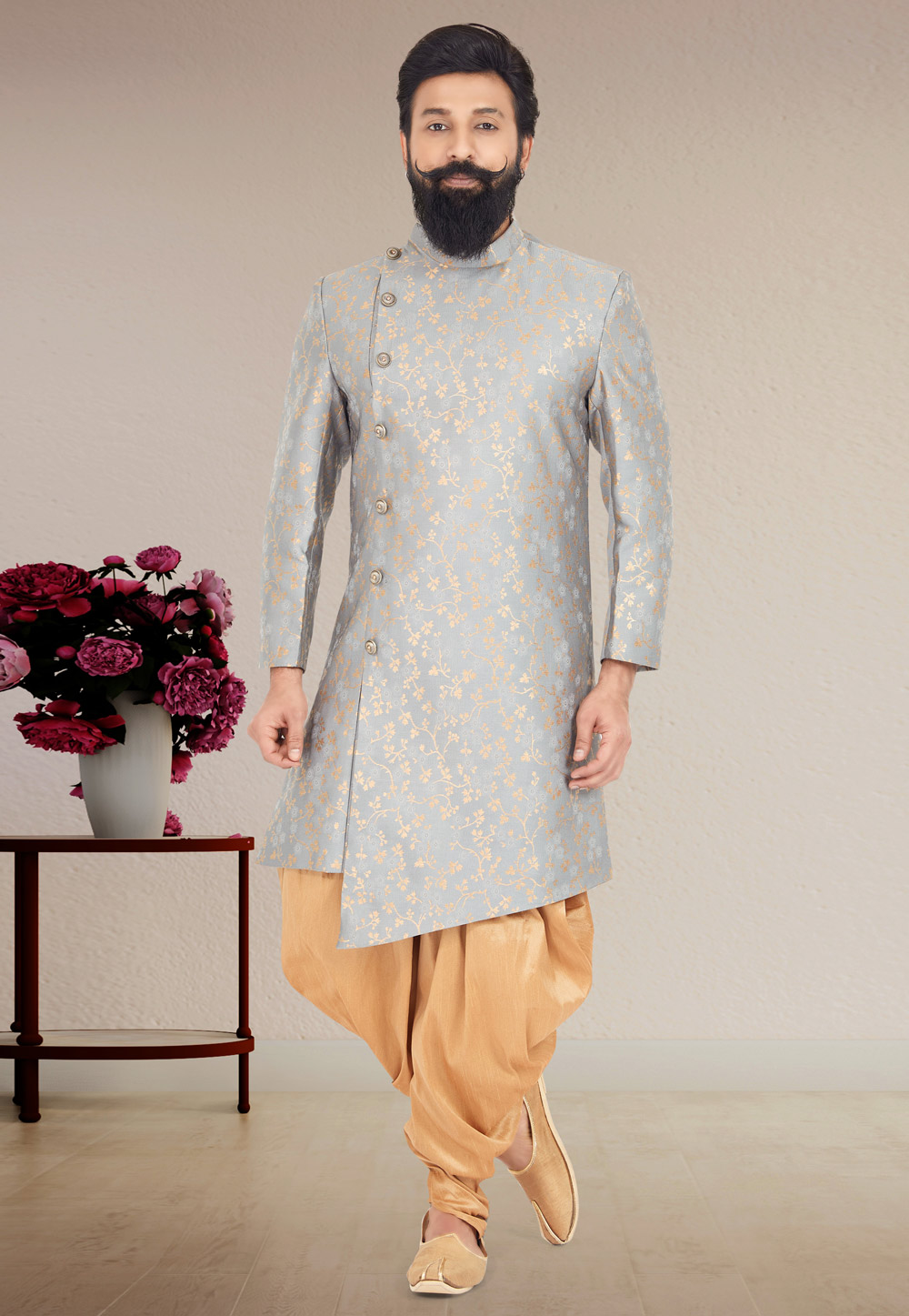 Grey Jacquard Silk Indo Western Suit 271590