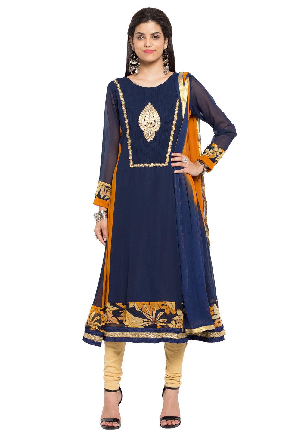 Navy Blue Faux Georgette Readymade Churidar Suit 230349
