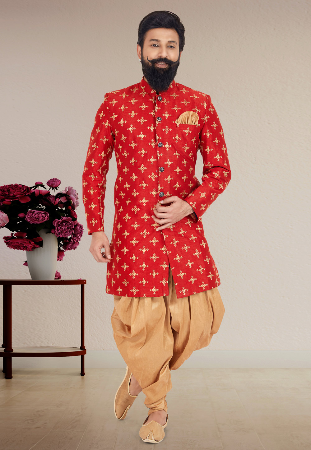 Red Dupion Silk Indo Western Suit 271591