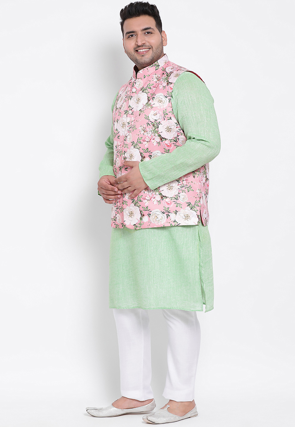 Light Green Cotton Linen Kurta Pajama With Jacket 223598
