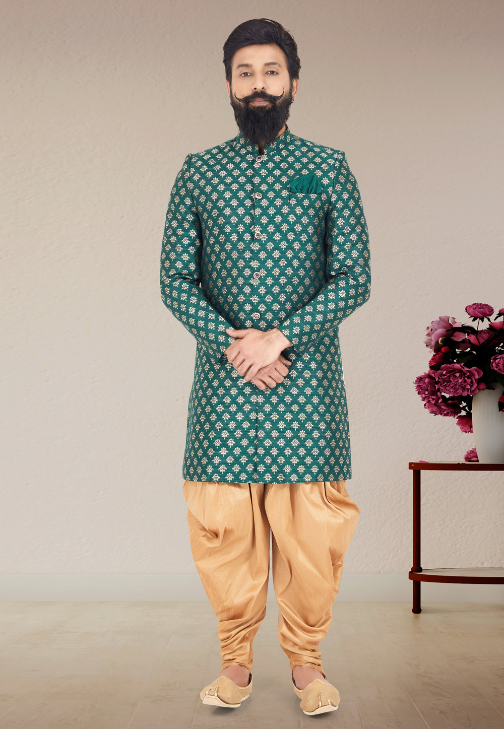 Green Jacquard Silk Indo Western Suit 271592