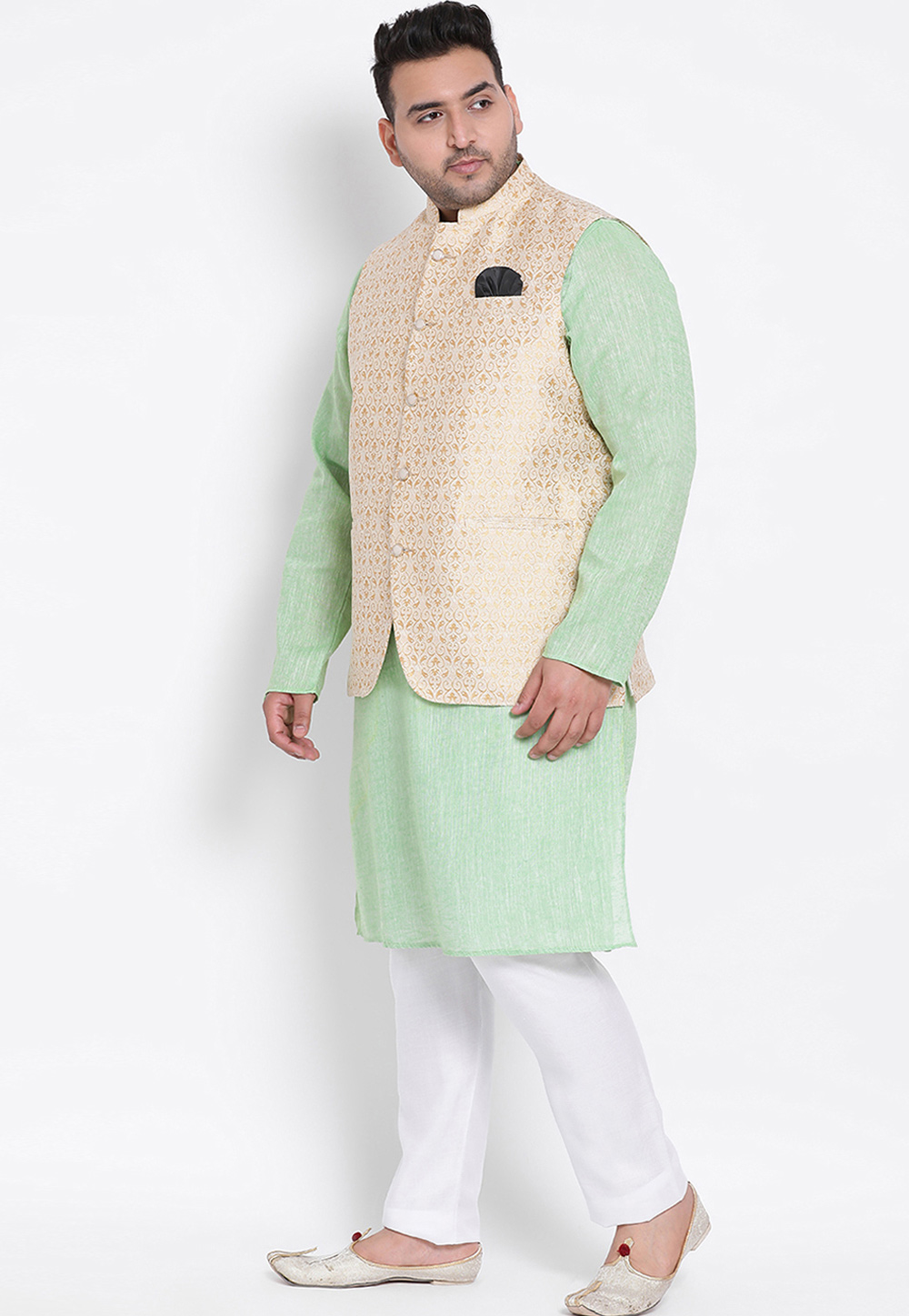 Light Green Cotton Linen Kurta Pajama With Jacket 223602