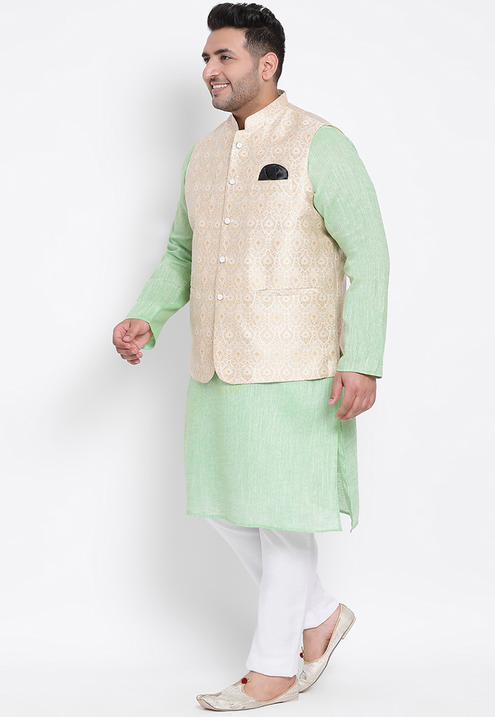 Light Green Cotton Linen Kurta Pajama With Jacket 223604