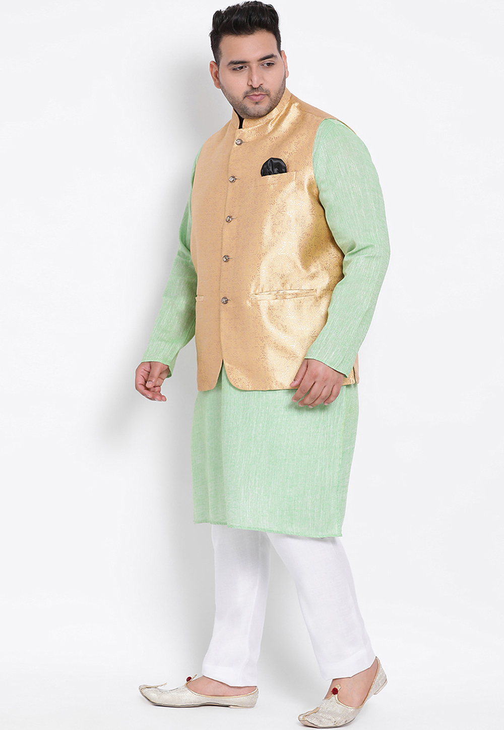 Light Green Cotton Linen Kurta Pajama With Jacket 223606