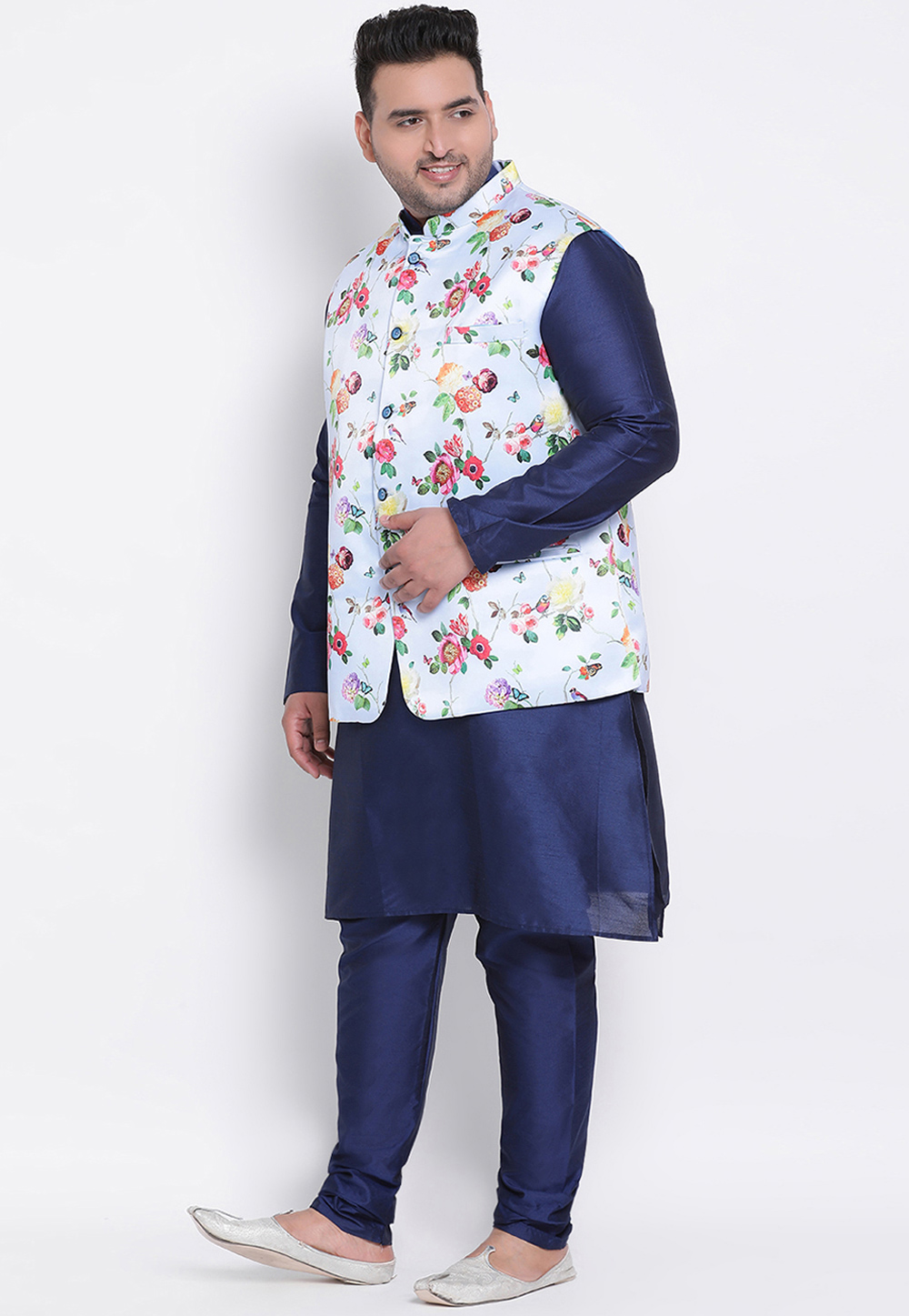 Navy Blue Polyester Kurta Pajama With Jacket 223607