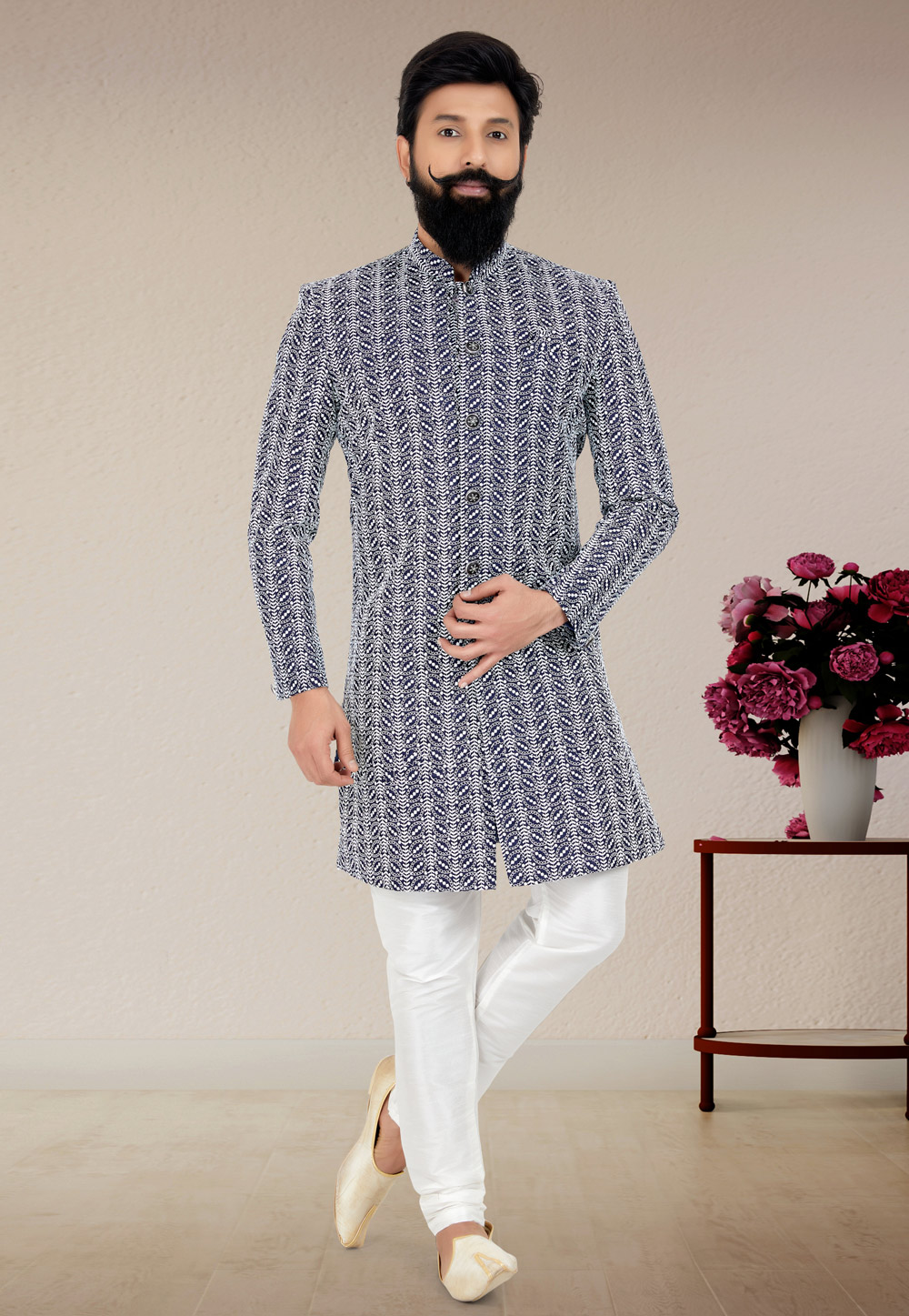 Navy Blue Silk Indo Western Suit 271593