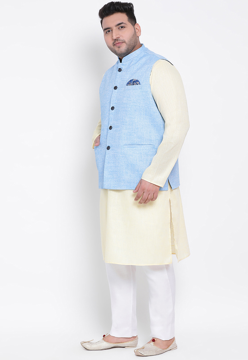 Cream Cotton Linen Kurta Pajama With Jacket 223611