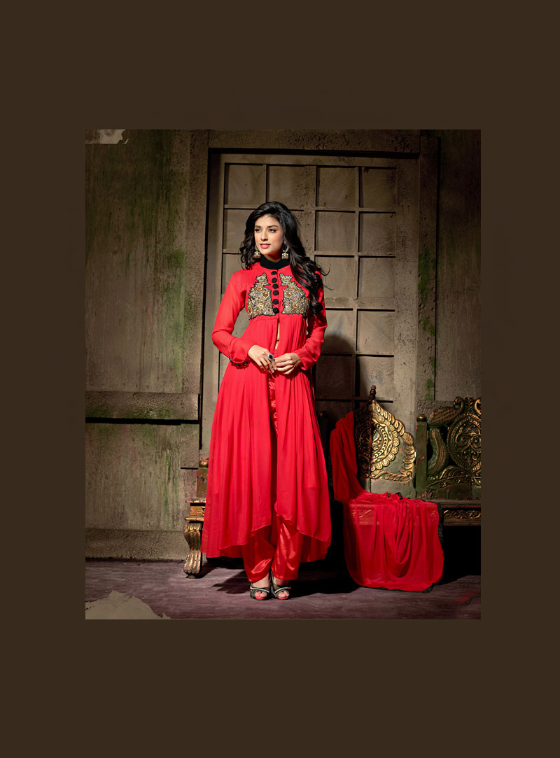 Red Georgette Indo Western Anarkali Suit 66235