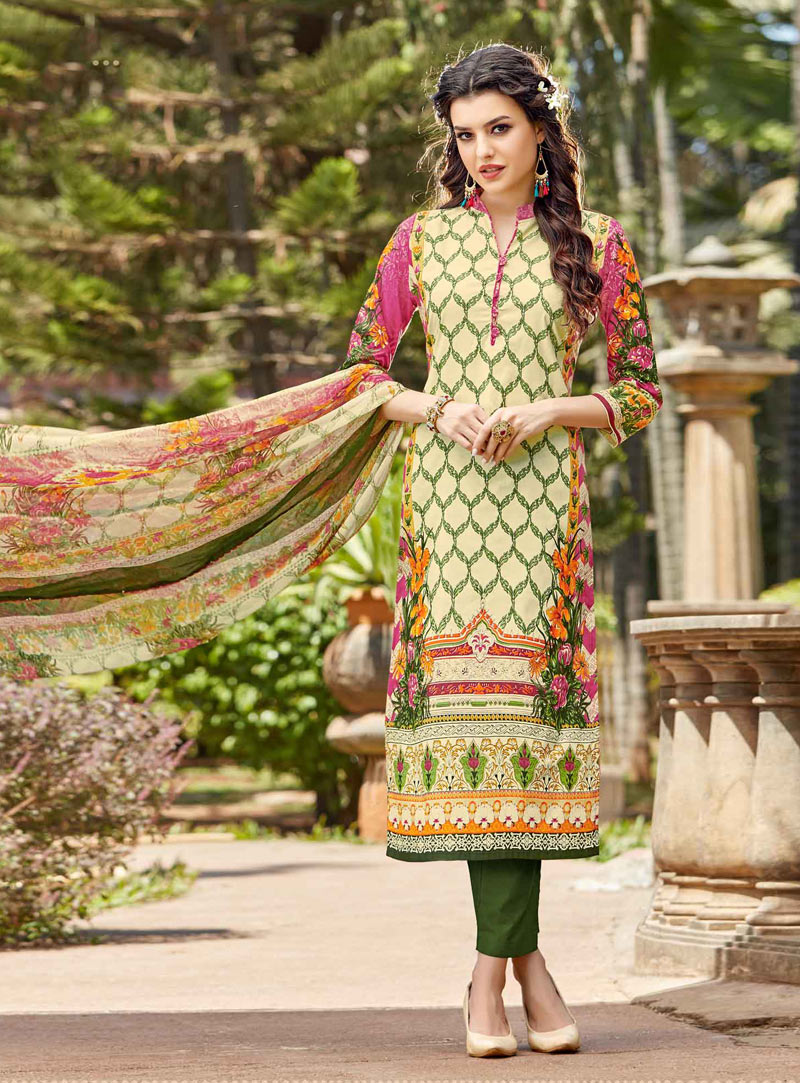 Green Cotton Cambric Pakistani Style Suit 86580