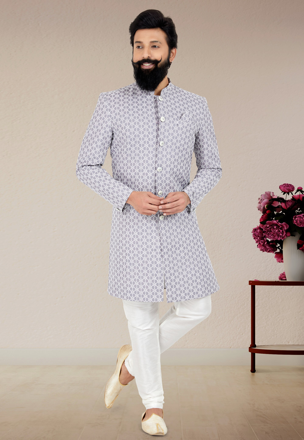 Grey Silk Indo Western Suit 271594