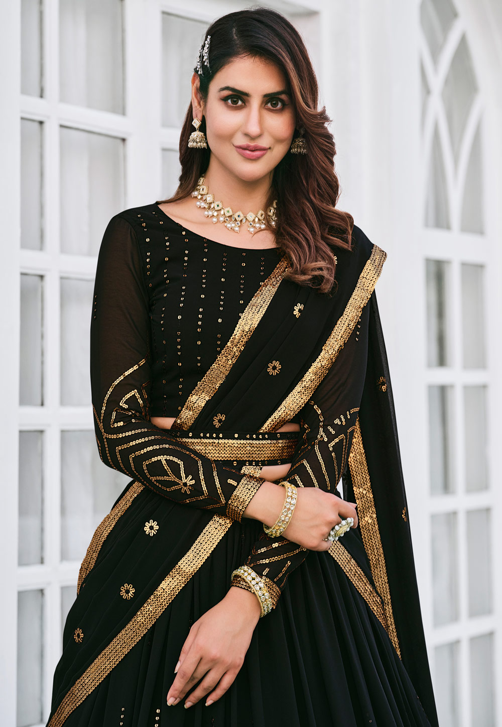 Buy Vine Pattern Golden Sequins Black Silk Lehenga Choli Set Online At Zeel  Clothing