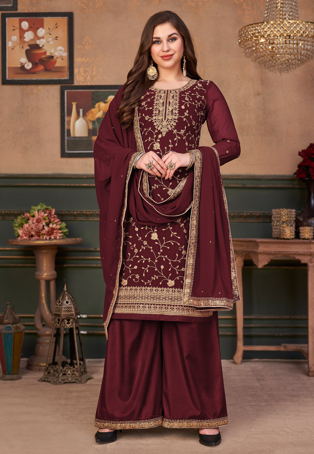 Maroon Faux Georgette Kameez With Palazzo 241147