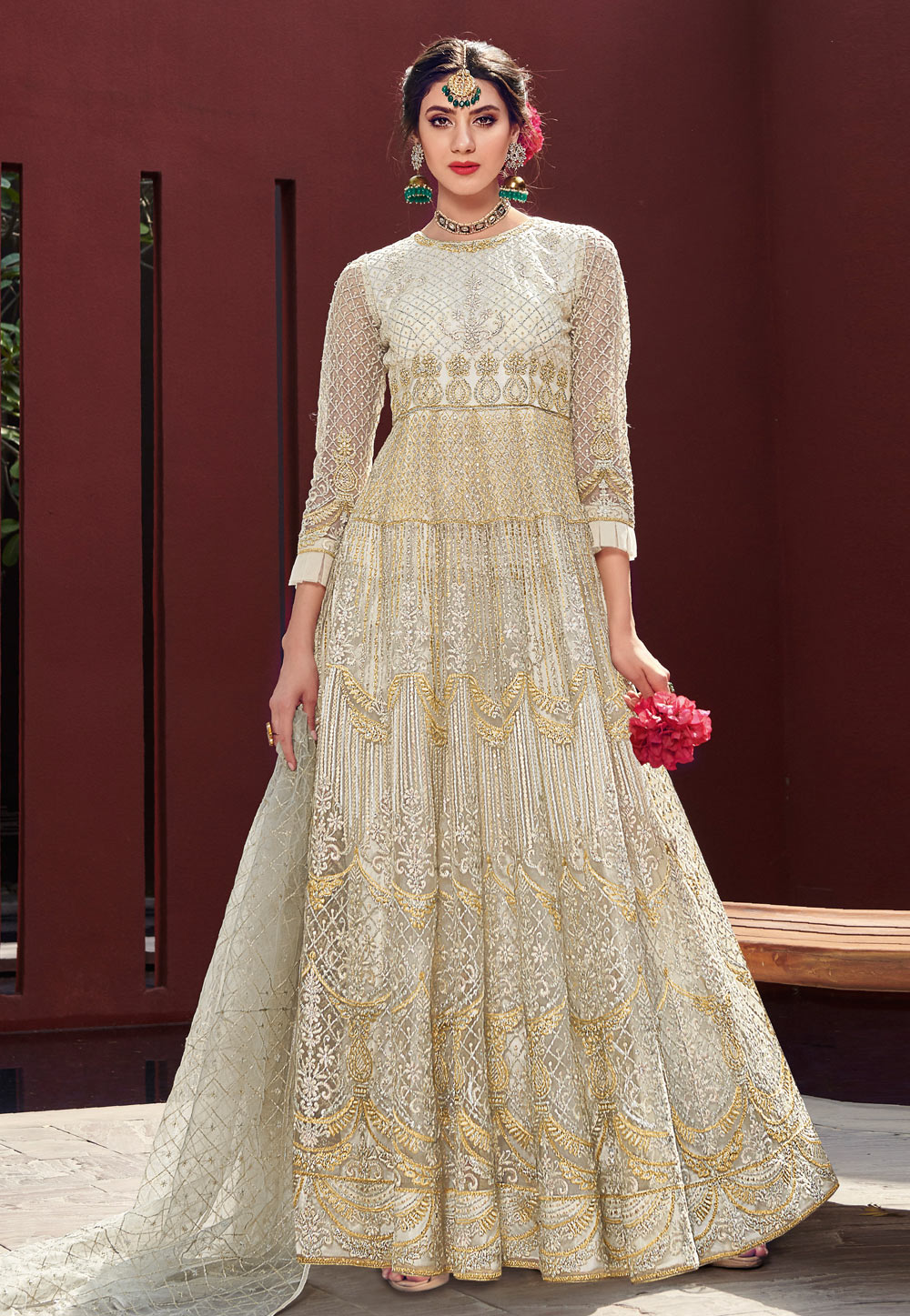 Off White Net Embroidered Ankle Length Anarkali Suit 167384