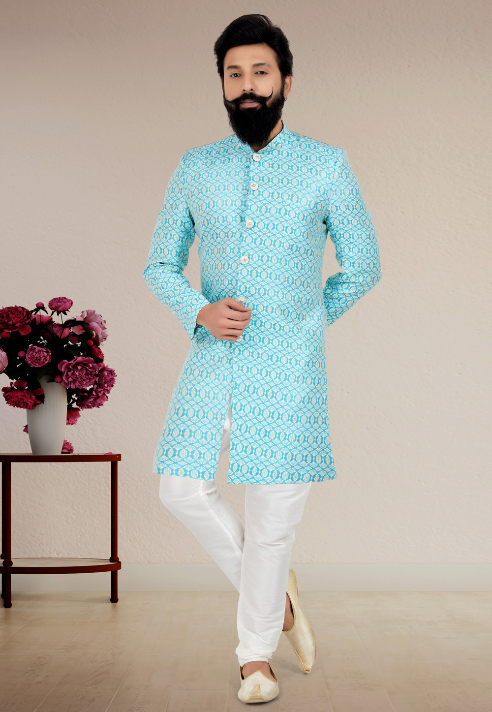 Sky Blue Jacquard Silk Indo Western Suit 271595