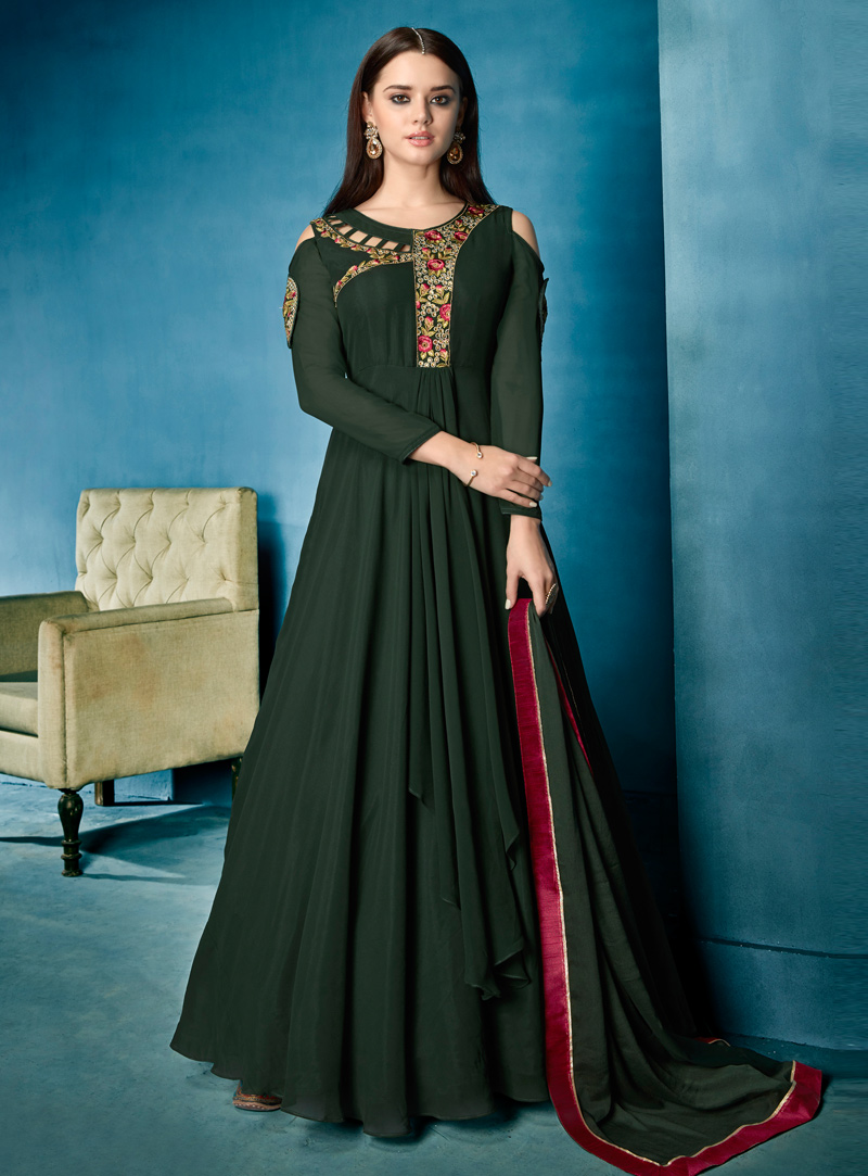 Green Georgette Readymade Anarkali Suit 136715
