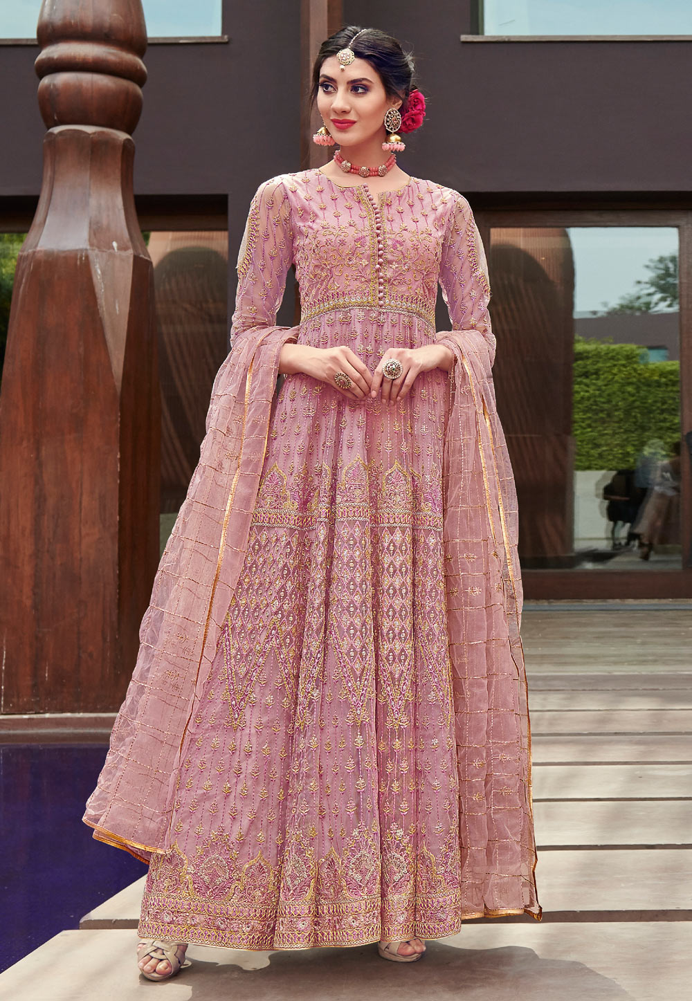 Pink Net Embroidered Ankle Length Anarkali Suit 167385